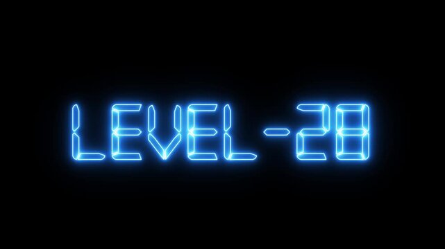 Level -28. Congrats. You Climbed to a Higher Level...Level -28. text font with neon light. Luminous and shimmering inside the letters of the text Level-28. gaming level -28 compiled animation.