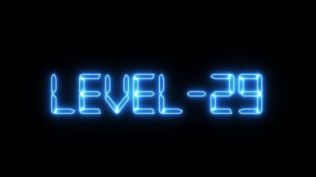 Level -29. Congrats. You Climbed to a Higher Level...Level -29. text font with neon light. Luminous and shimmering inside the letters of the text Level-29. gaming level -29 compiled animation.
