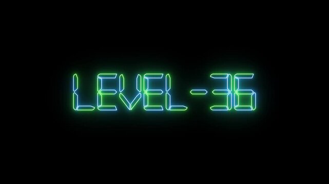 Level 36 text font with glowing neon light. Level Up neon sign tex animation.