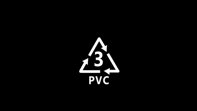 White PVC recycling symbol with number 3 inside a triangle on a black background plastic