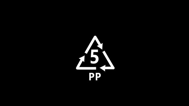 White P recycling symbol with number 5 inside a triangle on a black background plastic
