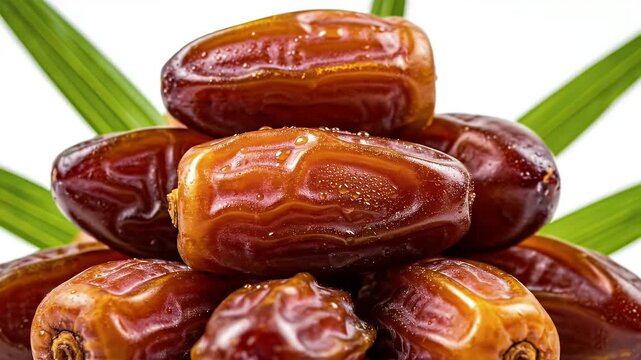 Pile of fresh dates with green palm leaves on white background