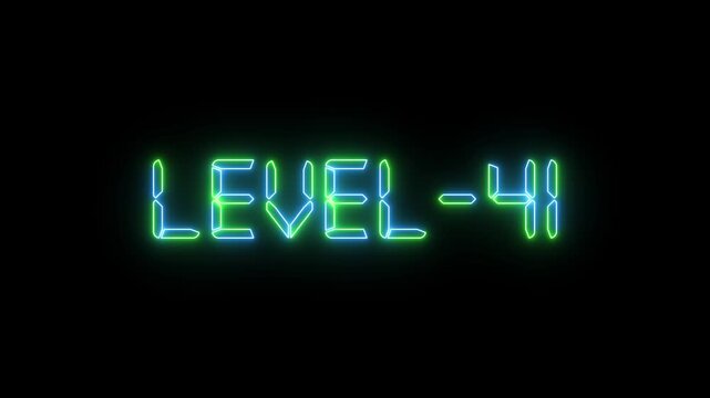 Level 41 text font with glowing neon light. Level Up neon sign tex animation.