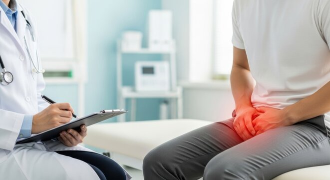 Professional doctor writing diagnosis on clipboard while consulting male patient with pain in groin area. Urology and men health concept with red spot