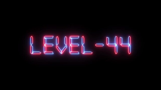 Level 44 text font with glowing neon light. Level Up neon sign tex animation.