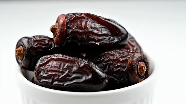 Pile of fresh organic dates in a white bowl