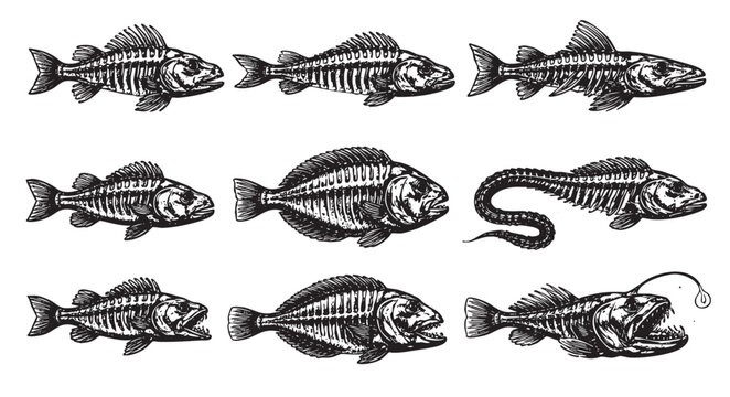 A set of detailed fish skeleton illustrations in black ink on a white background. Perfect for educational materials, tattoos, vintage designs, or spooky Halloween themes.