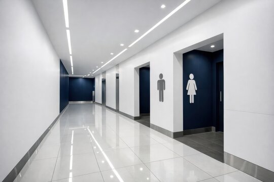 Perspective view of modern empty white hallway with male and female public restroom signs in shopping mall or airport