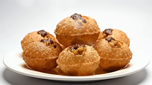 Plate of crispy Pani Puri Indian street food on white background