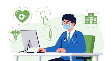 Doctor Using Computer for Medical Consultation and Health Care