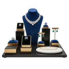 Elegant jewelry display with necklace earrings and rings on black stand isolated on transparent background