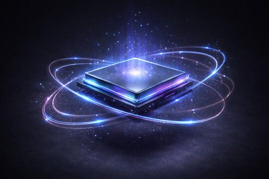 Floating quantum computing core, futuristic technology concept
