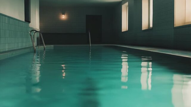 Empty indoor pool with still blue water and green tiles, railings and window reflections casting eerie, tranquil light in a deserted, dreamlike hotel spa room