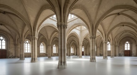 Obraz premium A large empty room with arches and columns in a gothic style architecture
