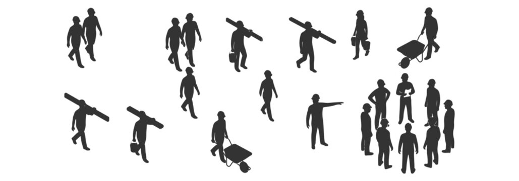 Construction workers silhouettes on architectural floor plan blueprint background, civil engineers team working, building site development with laborers, isometric vector illustration isolated