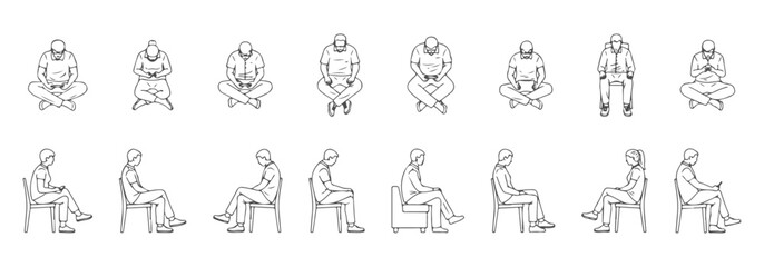 Obraz premium Minimalist line art illustration of diverse people sitting and using smartphones, digital connection and social media addiction concept, modern hand drawn vector drawing isolated on white background