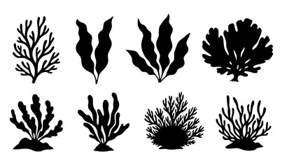 Marine reef plant silhouette set vector seaweed algae underwater flora isolated on transparent background © MdAshik