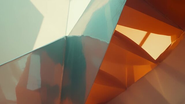 Modern architecture forming abstract geometric patterns with reflective surfaces, creating an interplay of light, shadow, and warm orange and cool blue tones