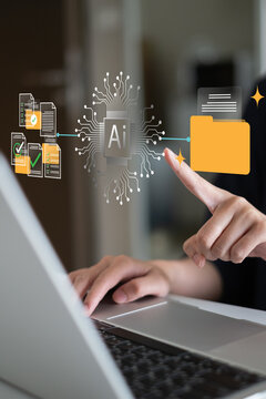 Person using AI artificial intelligence data report document information research file summary technology innovation management concept