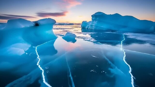 Melting Iceberg Landscape at Sunset Time.