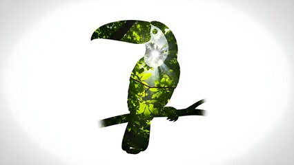 Fototapeta premium Silhouette of a vibrant toucan perched on a branch, artistically filled with bright green rainforest canopy foliage and sunburst light.