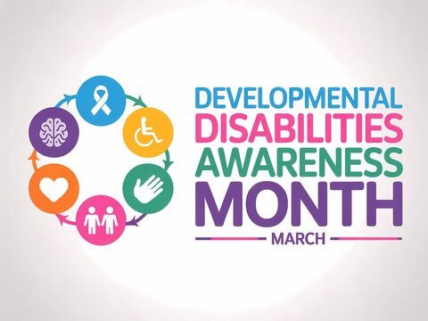 Developmental disabilities awareness month banner with colorful icons isolated on white background