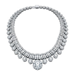 Exquisite diamond necklace with a large center stone and sparkling details on white gold chain isolated on transparent background