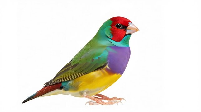 A vibrant of a colorful bird with a red head, green back, purple chest, yellow belly, and brown feet, set against a plain white background