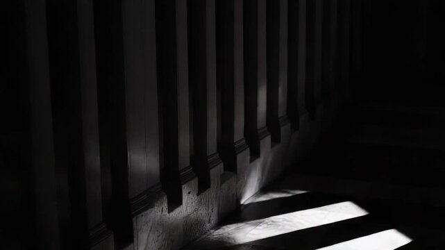 Dramatic light stripes contrasting with deep shadows across a checkered marble floor, creating abstract geometric patterns and a sense of depth and mystery