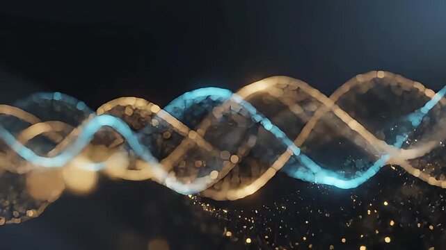 A glowing blue and gold DNA double helix with motion graphics background and particles against a dark backdrop.