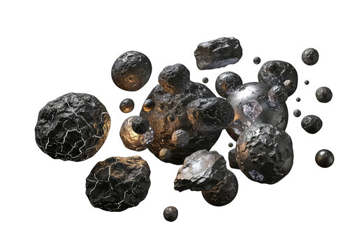 Collection of dark metallic asteroids and space rocks floating in space