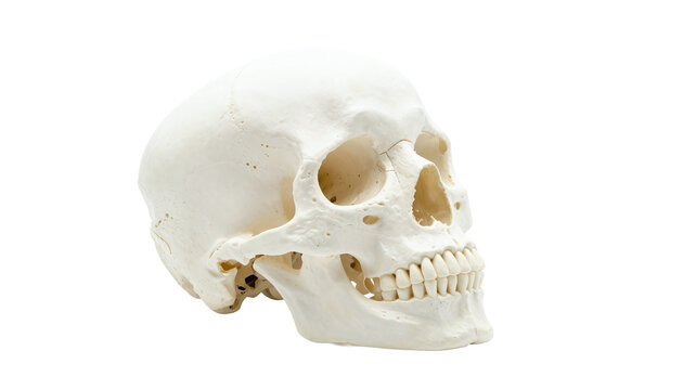 Human skull isolated on white, anatomical model for medical study, bone structure and skeletal system