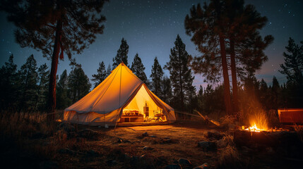 luxury glamping tent glowing at night in a pine forest with stars in the sky