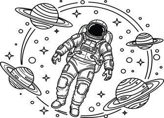 Astronaut floating in outer space surrounded by ringed planets and stars black and white line art vector illustration for coloring and design © mstLilima