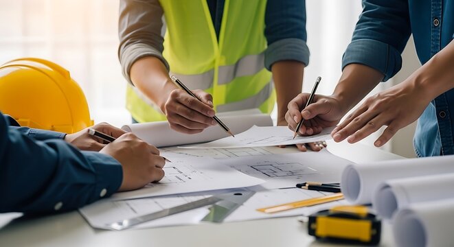 Construction workers reviewing building plans at a table