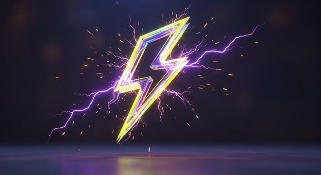 Vibrant lightning bolt illuminates dark stage with electric energy and holographic effects