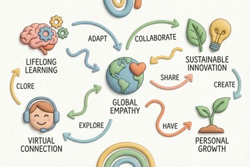 Fototapeta premium Global empathy and lifelong learning illustrated through innovative concepts of sustainable collaboration and personal growth in a visually connected environment