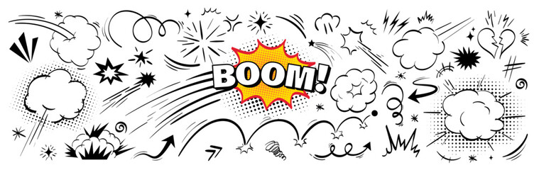 Obraz premium Explosive BOOM comic effect vector bundle. Speed lines, burst smoke, broken heart, impact frame for superhero animation. Pop doodle cartoon element kit with air effect and red yellow speech bubble.