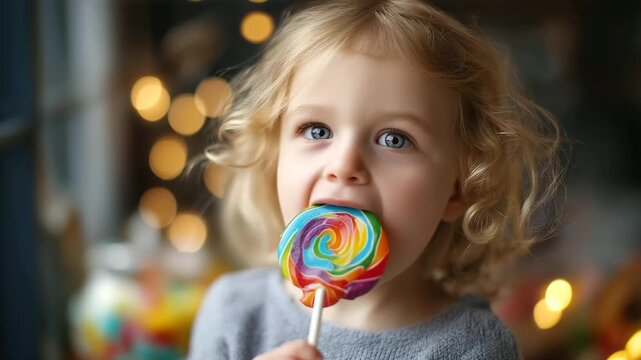 Faceless joyful child savoring colorful lollipop under soft indoor lighting in cozy setting, candy enjoyment scene, with copy space