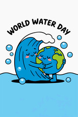 World Water Day Cute Water Wave Hugging Earth Vector Illustration
