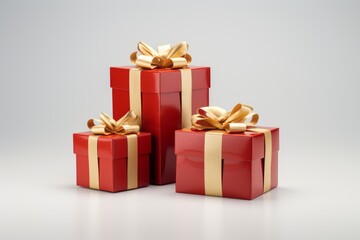 Fototapeta premium Three red gift boxes tied with gold ribbons symbolizing giving and celebration