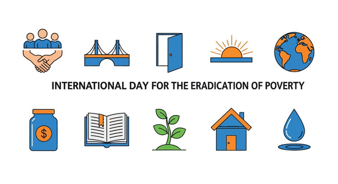 Icons representing concepts related to poverty eradication surround text