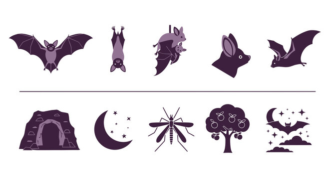 Set of ten purple silhouette icons depicting bats a cave the night sky a mosquito and an apple tree