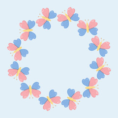 Circular wreath of colorful cartoon butterflies with yellow bodies, pink and blue wings, arranged symmetrically on pastel blue background, perfect for decorative and romantic themes