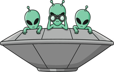 Funny cartoon green aliens in a flying saucer UFO vector illustration with one alien looking through binoculars isolated on white background design © mstLilima