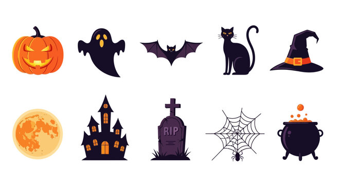 Ten individual Halloweenthemed vector icons arranged in two rows on a white background