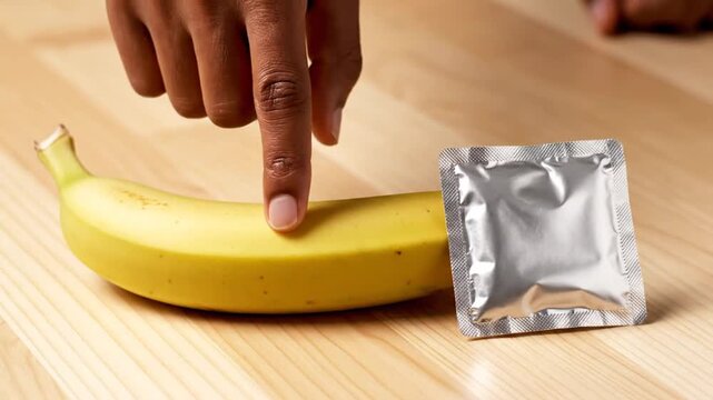 Person's hand pointing at banana and condom for safe sex