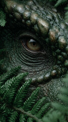 Naklejka premium Macro close up of ancient dinosaur eye among green ferns, textured scales, dramatic lighting, prehistoric cinematic atmosphere. 