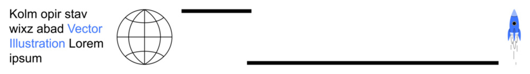 Space exploration, global communication, graphic design, technology concepts, education, digital visualization. A globe outline, placeholder text and a minimalist rocket. Space exploration © robu_s