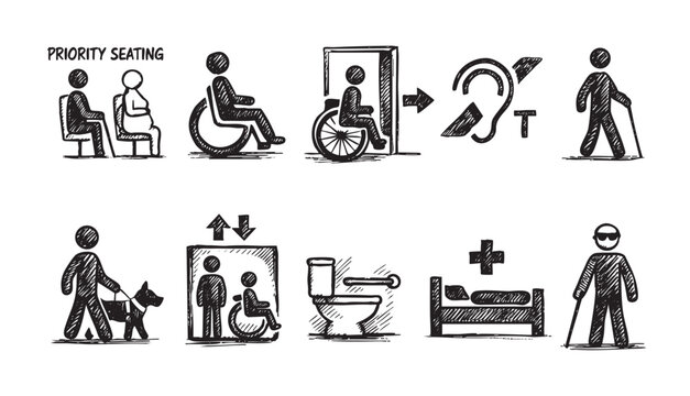 A collection of black and white hand-drawn icons representing accessibility features for people with disabilities. Includes wheelchair access, hearing assistance, and priority seating.
